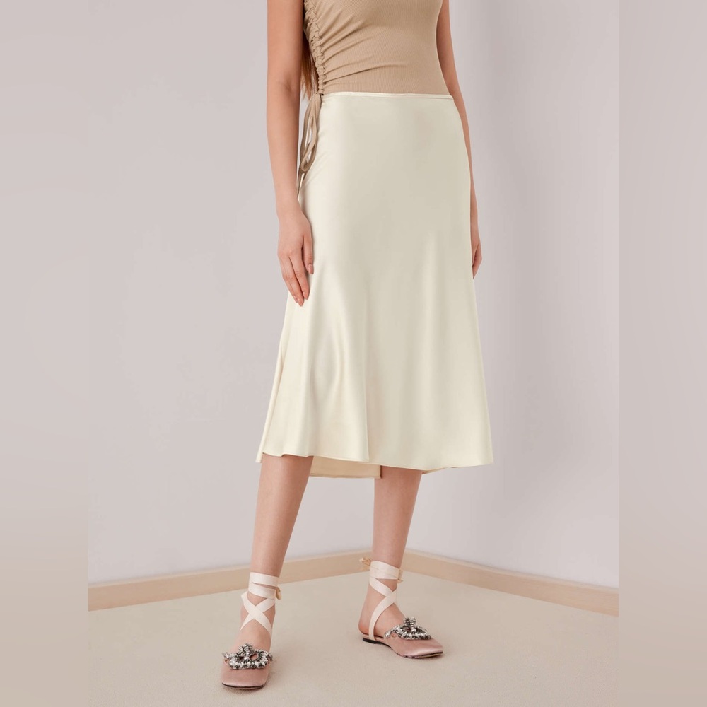 Cider ivory white solid satin silky midi skirt